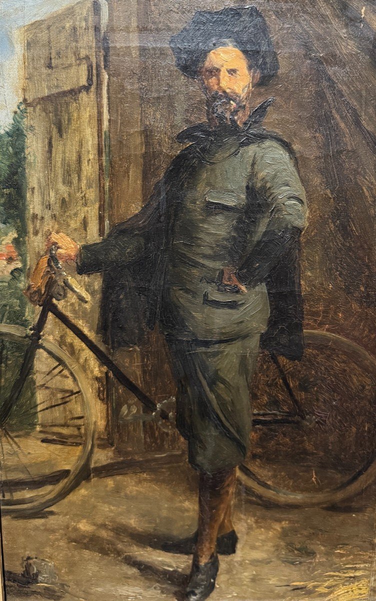 Ecole Fran&ccedil;aise Vers 1890 - Portrait d&#039;Artiste &agrave; La Bicyclette -photo-4