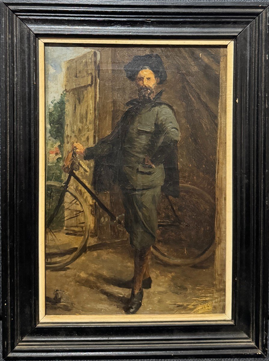 Ecole Fran&ccedil;aise Vers 1890 - Portrait d&#039;Artiste &agrave; La Bicyclette 