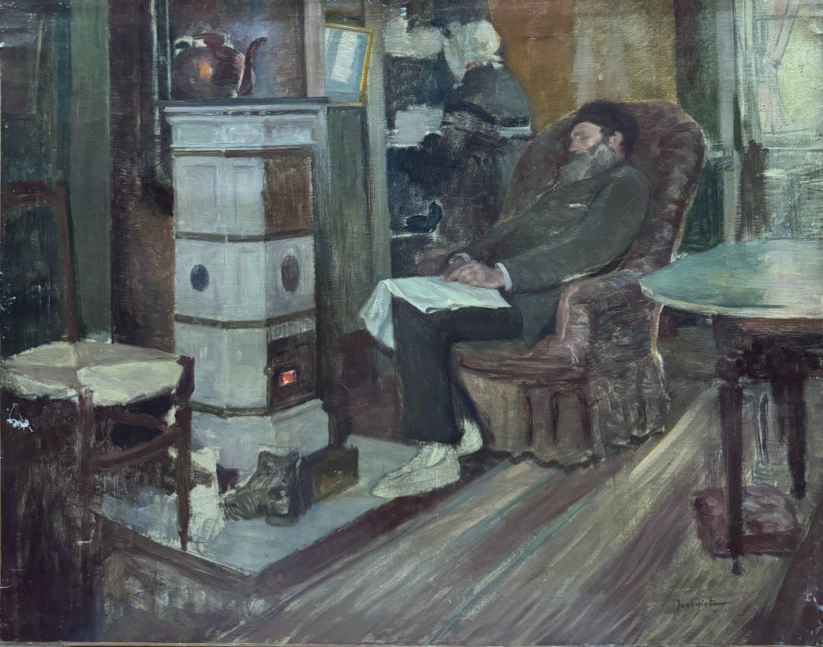 Pierre Georges Jeanniot (1848-1934) - Interior, Resting By The Stove, Circa 1890