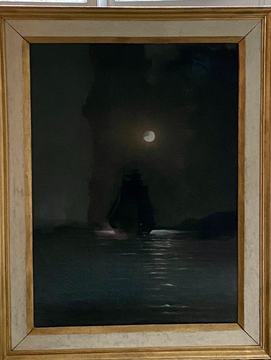 French School Of The End Of The 19th Century - Sailboat In Moonlight, Night Effect-photo-2