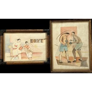 French School Of The 20th Century - Boxing Fight, 1929 - Pair Of Cubizing Watercolors