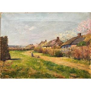 Henri Berchmans (1856-1911)- Farm And Cherry Blossoms - Signed