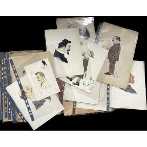 French School Circa 1900 - Rare Set Of 15 Dependent Portraits / Caricatures