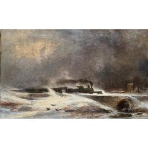 Josef Carl Berthold Püttner (1821-1881) - Locomotive filant à Travers La Neige En Hiver, 1873