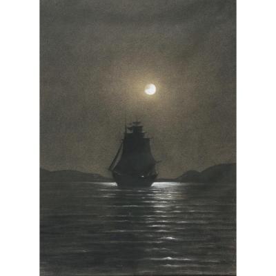 French School Of The End Of The 19th Century - Sailboat In Moonlight, Night Effect