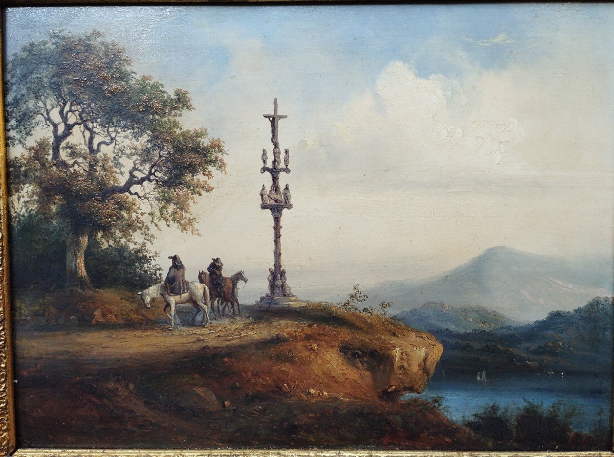 Stop For Riders In Front Of A Calvary Auvergne Landscape