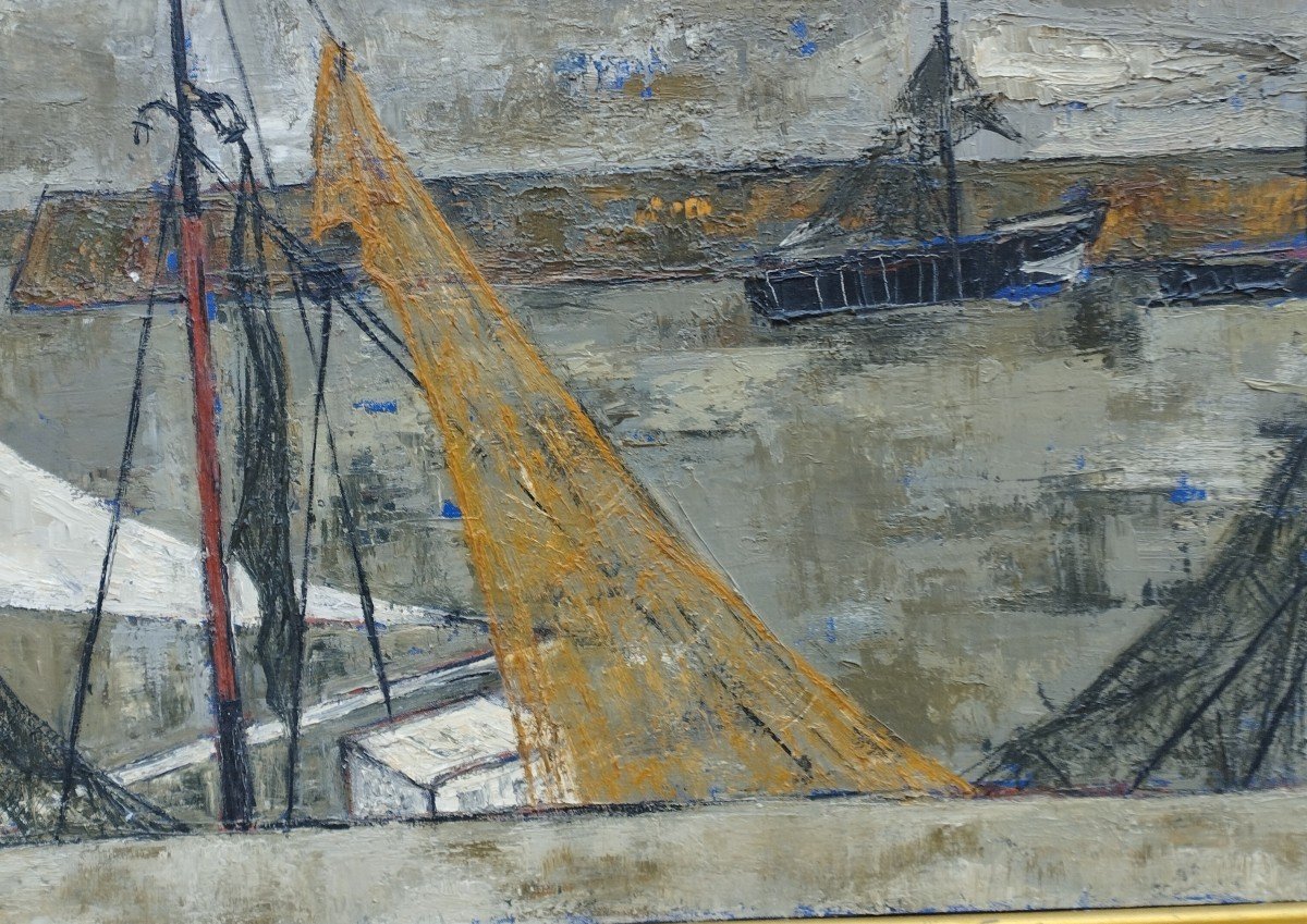 Marine " Bateaux a quai " Perreau 59 Huile sur toile-photo-3