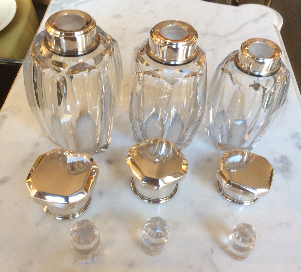 Baccarat, Toilet Set, 4 Flasks In Crystal And Silver Twentieth-photo-7