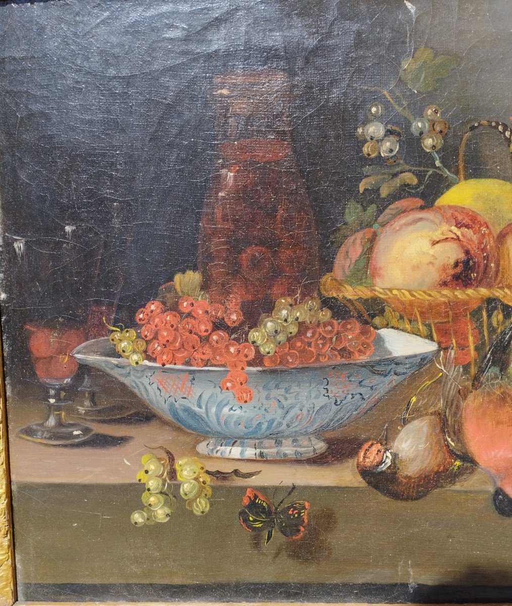 Nature Morte aux Groseilles et Oiseaux Huile sur Toile XIX-photo-4