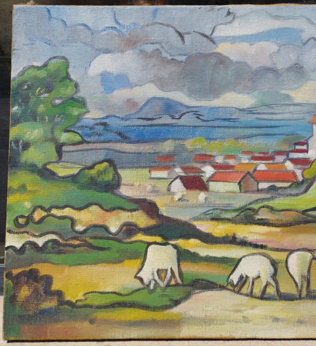 "country Landscape With Sheep" Gouache On Canvas-photo-2