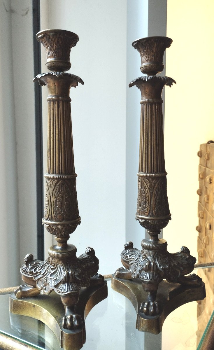 Paire de Bougeoirs en bronze de style Restauration  XIX-photo-2