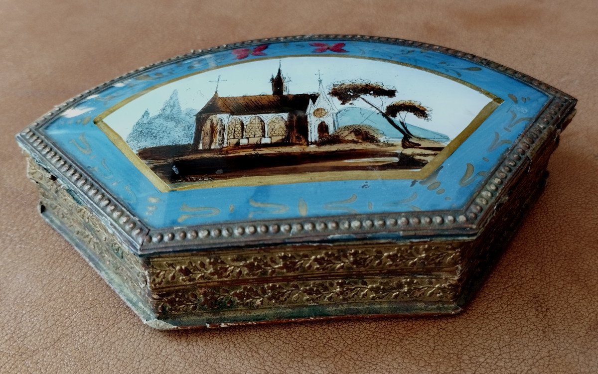 Candy Box "landscape With Church" Fixed Under Glass XIX-photo-2