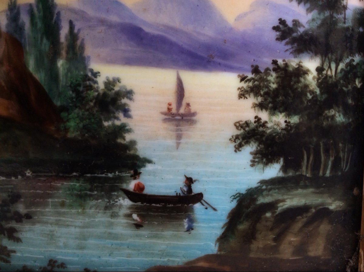 Tableau peinture sur porcelaine XIXème, paysage « château au bord du lac » -photo-1