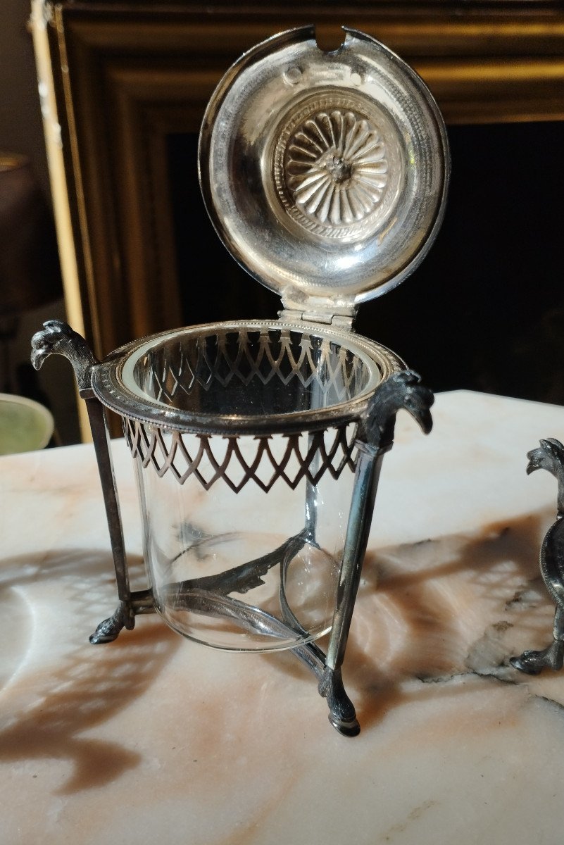 Mustard Pot And Its 4 Salt Pots Silver And Crystal Hallmark 1st Empire Rooster-photo-2