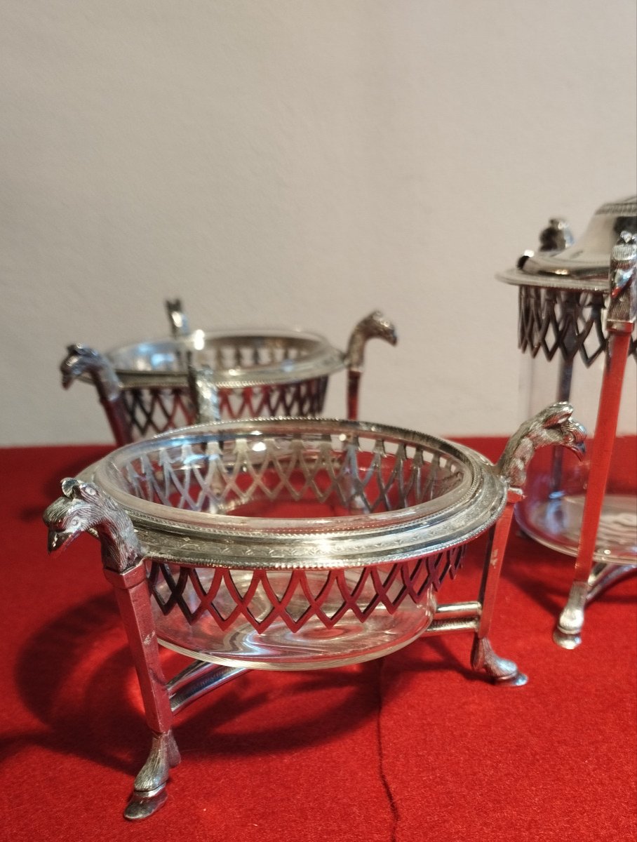 Mustard Pot And Its 4 Salt Pots Silver And Crystal Hallmark 1st Empire Rooster-photo-6