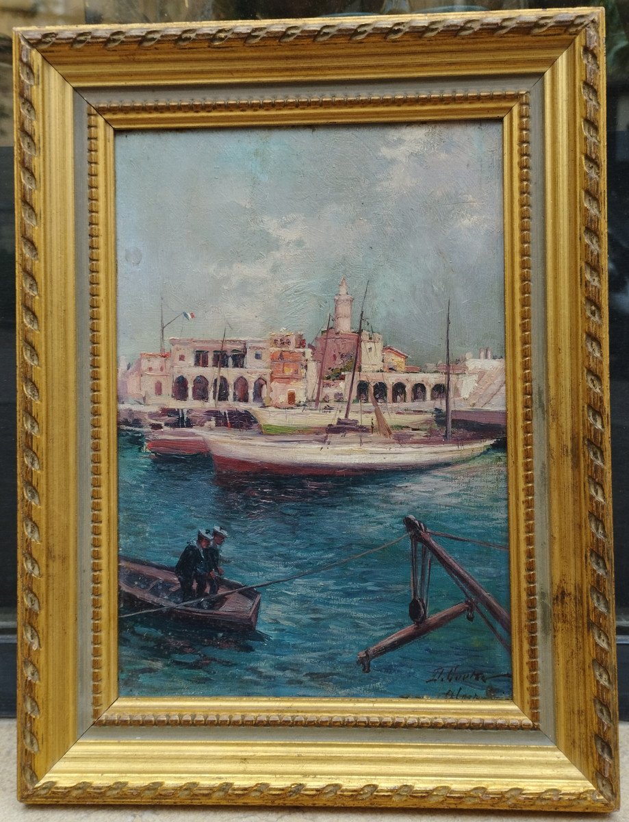 "view Of The Port Of Algiers" By Daniel Cortès Perez Oil On Panel XIX-photo-2