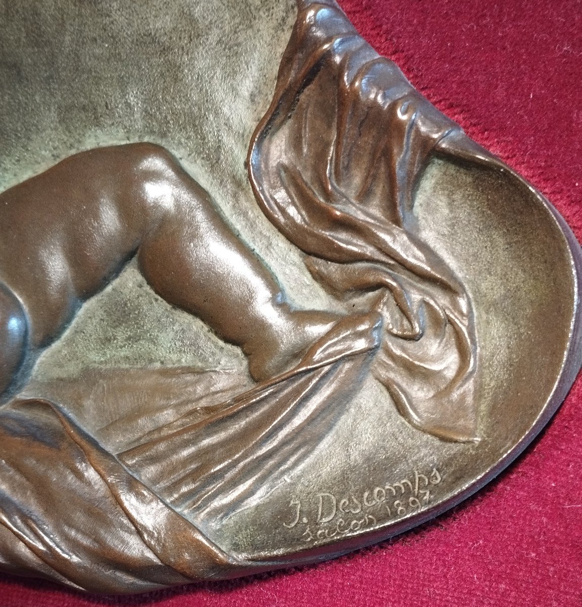 1897 Joé Descomps Bronze Bas Relief "baby Playing With His Rattle"-photo-1