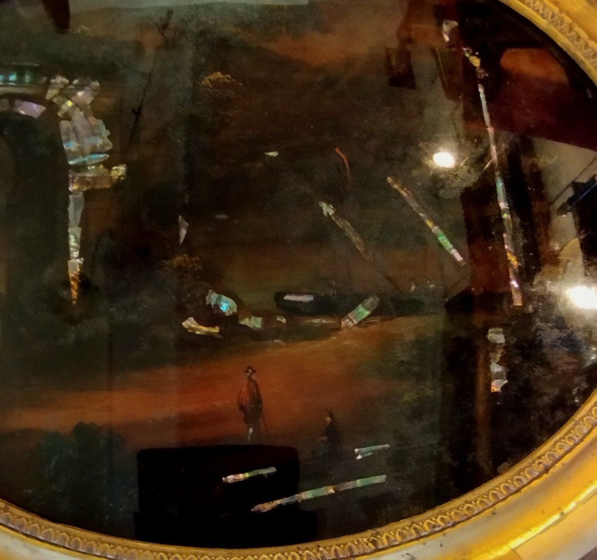 Paire de médaillons Paysages animés fixés sous verre XIX-photo-4