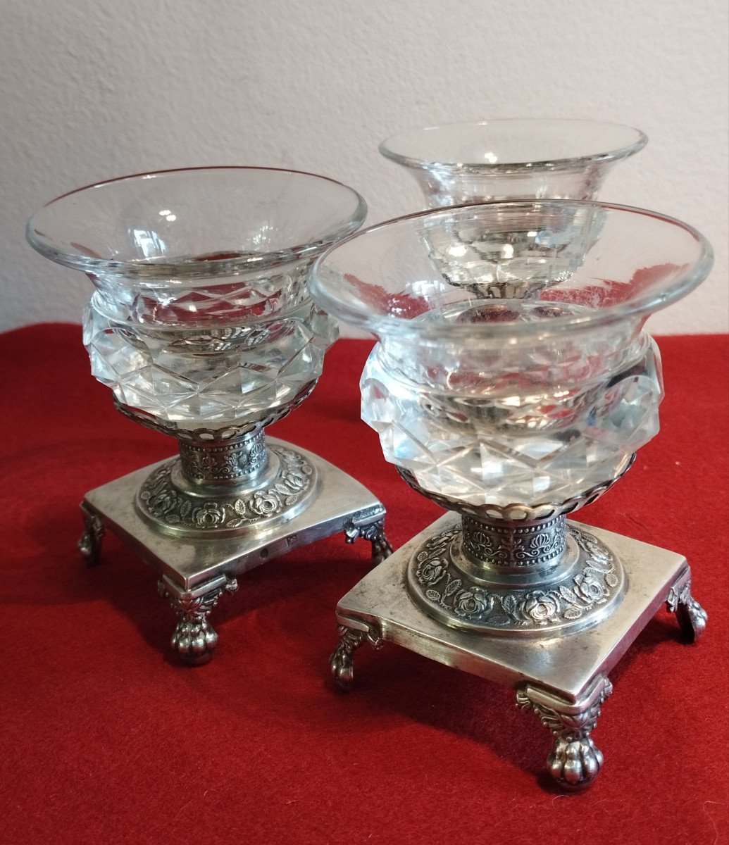 3 Silver And Glass Salt Cellars XIX Paris-photo-3