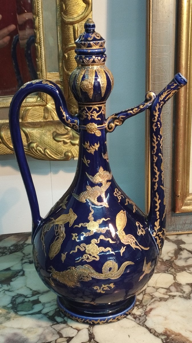 Blue Porcelain Jug, Gilding And Oriental Decor-photo-2