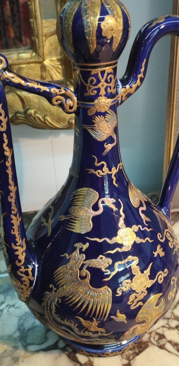 Blue Porcelain Jug, Gilding And Oriental Decor-photo-4