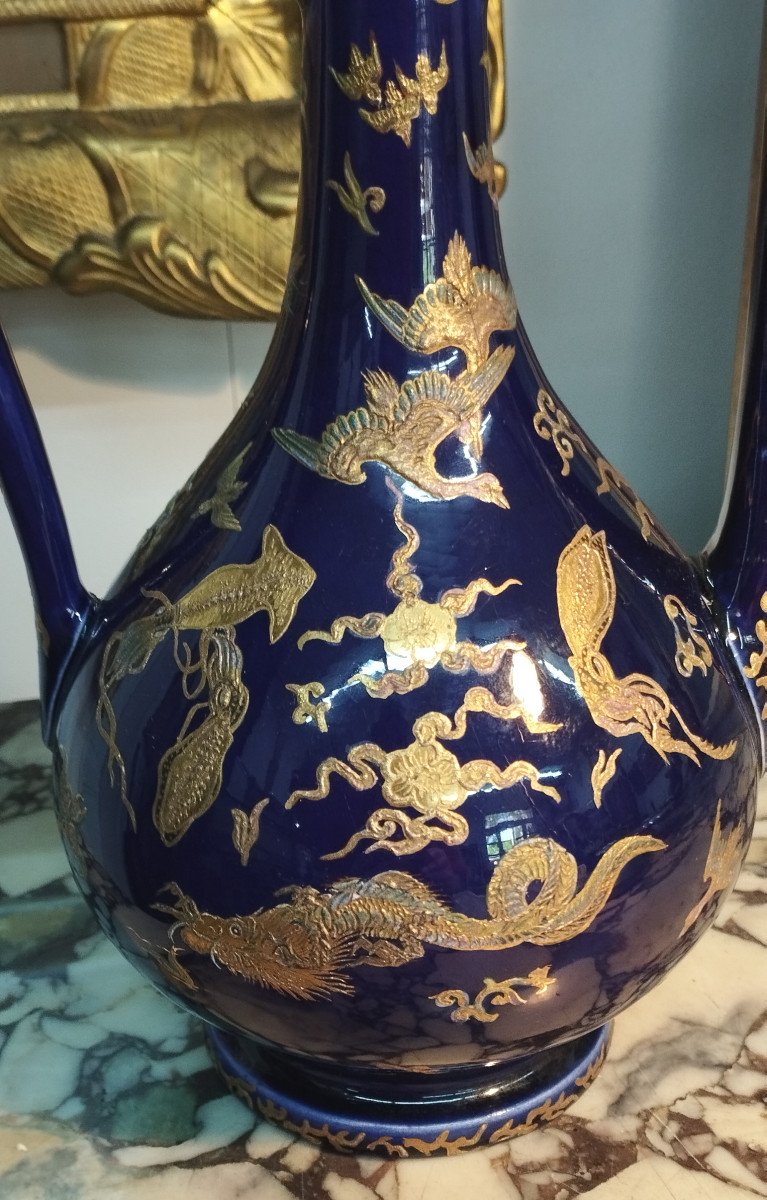 Blue Porcelain Jug, Gilding And Oriental Decor-photo-1