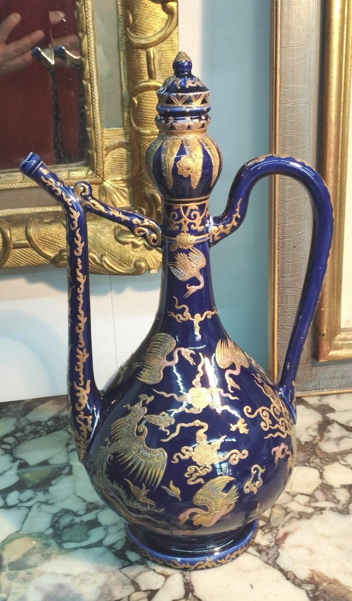 Blue Porcelain Jug, Gilding And Oriental Decor