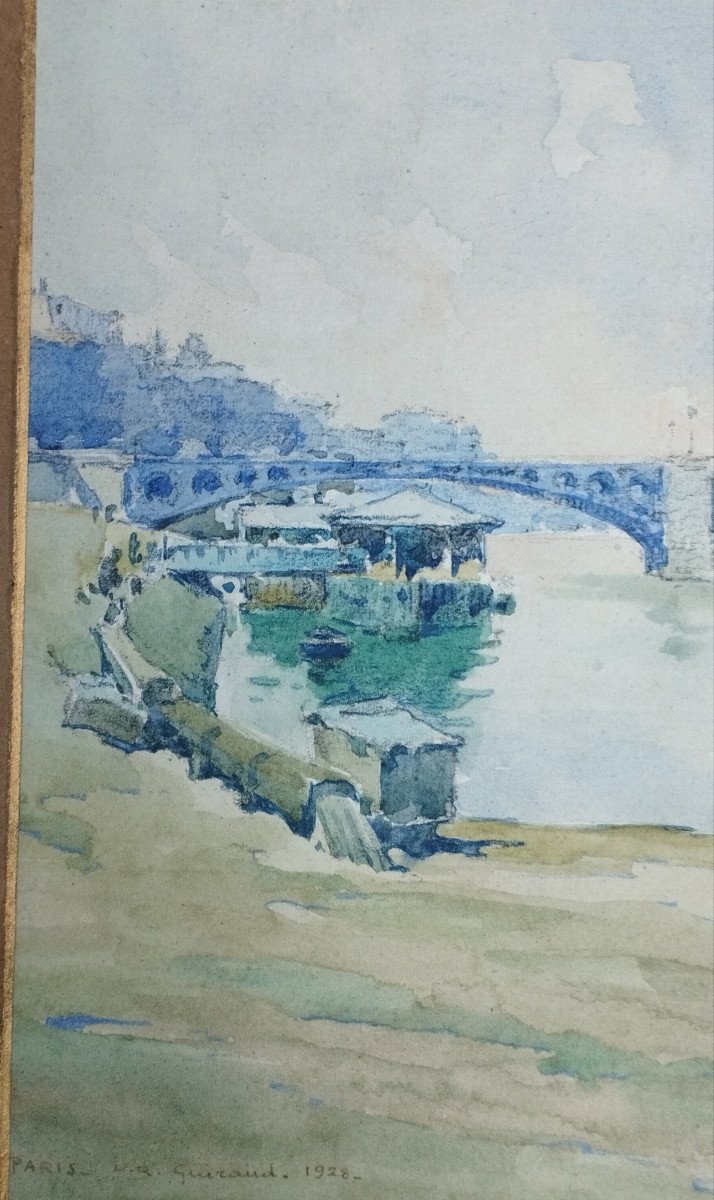 L.r. Guiraud "parisian Bridge" Watercolor 1928-photo-2