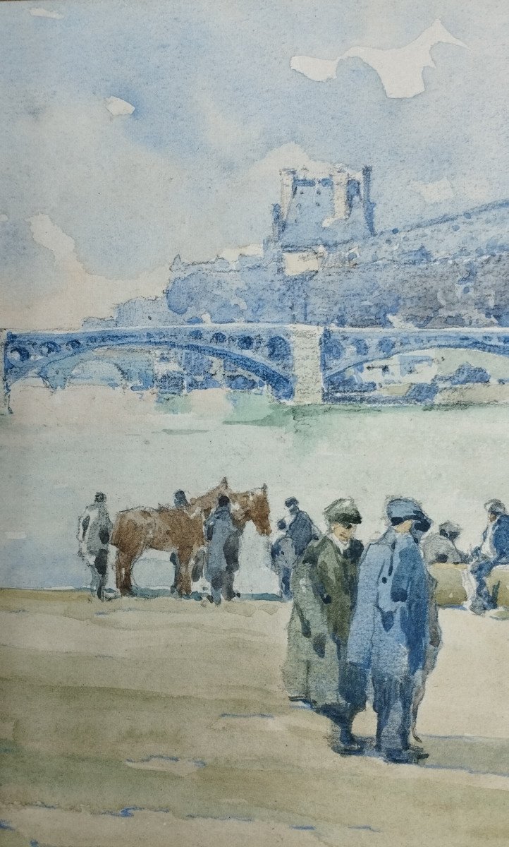 L.r. Guiraud "parisian Bridge" Watercolor 1928-photo-3