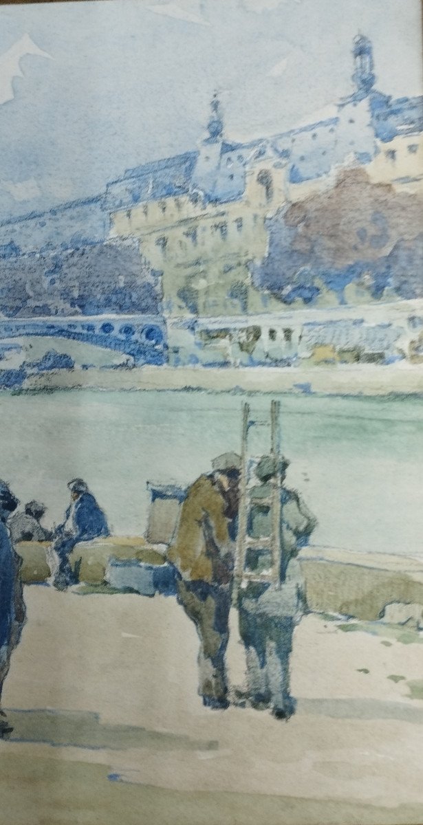 L.r. Guiraud "parisian Bridge" Watercolor 1928-photo-4