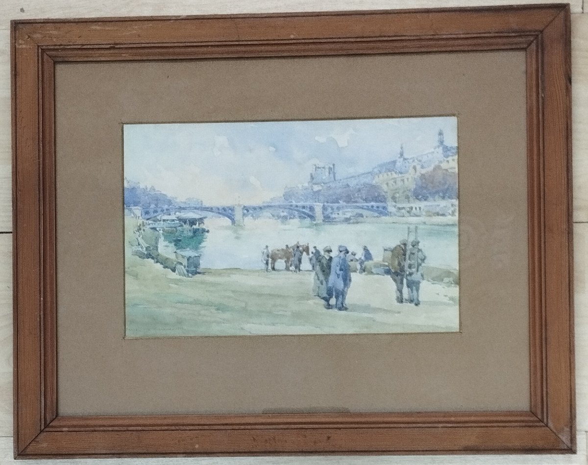 L.r. Guiraud "parisian Bridge" Watercolor 1928-photo-1