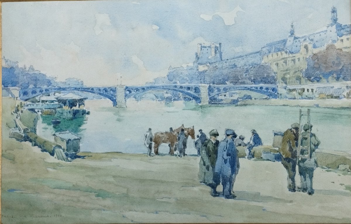 L.r. Guiraud "parisian Bridge" Watercolor 1928