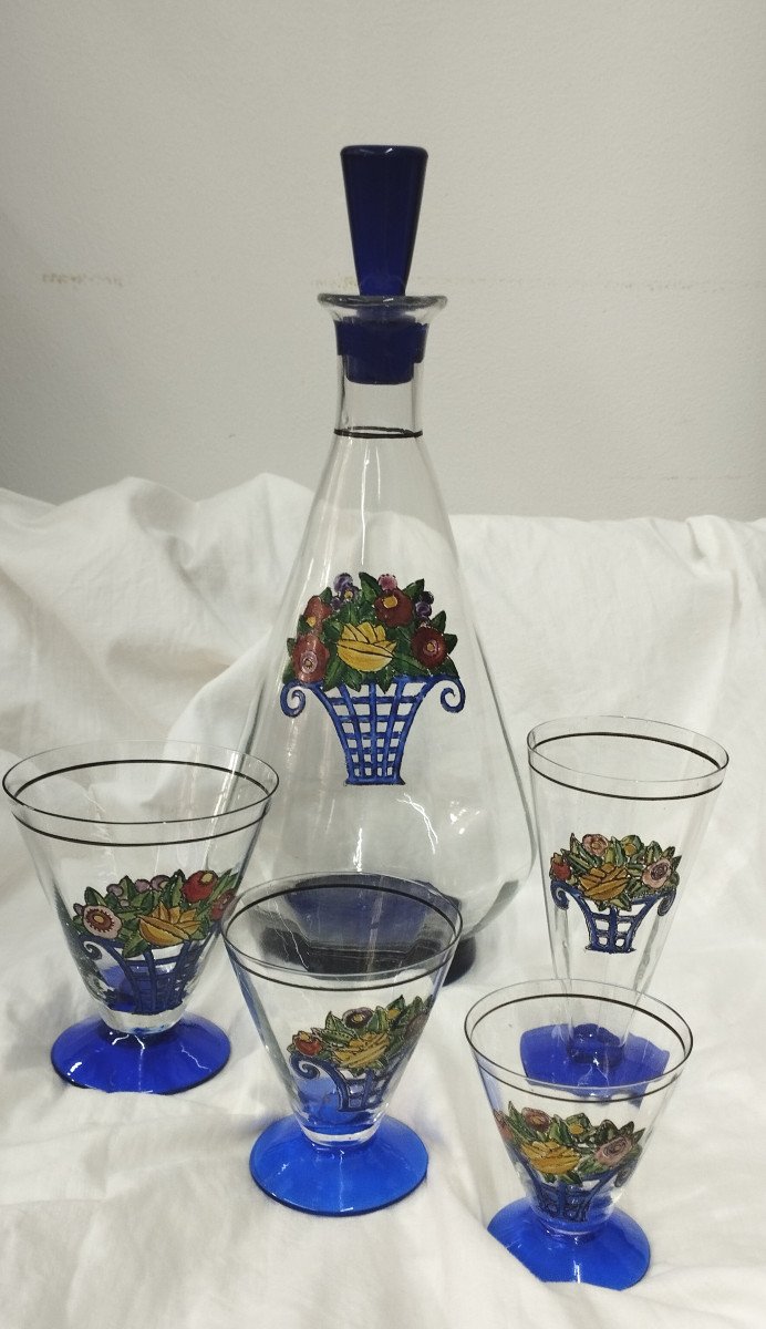 Art Deco Service Of Glasses With Enamelled Decoration 48 Pieces Early 20th Century