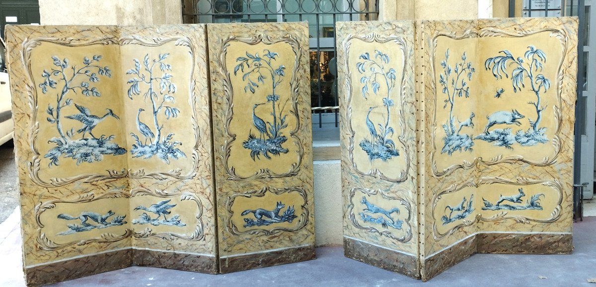 18th Century Screen In 2 Parts With 3 Leaves In Painted Canvas