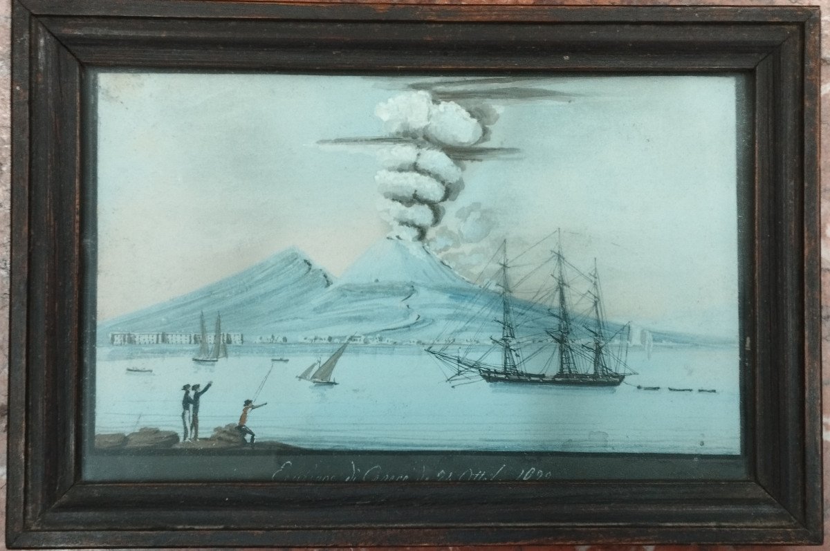 Pair Of Neapolitan Gouaches Eruption Of Vesuvius 1822-photo-3