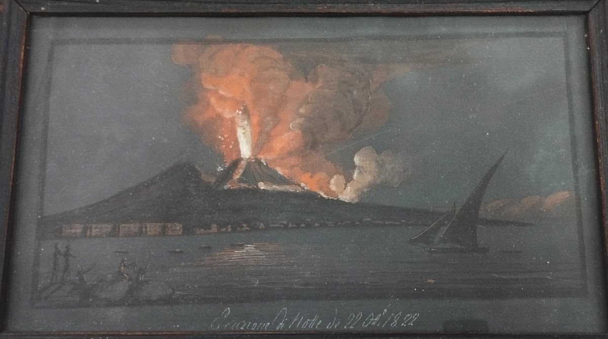 Pair Of Neapolitan Gouaches Eruption Of Vesuvius 1822-photo-4