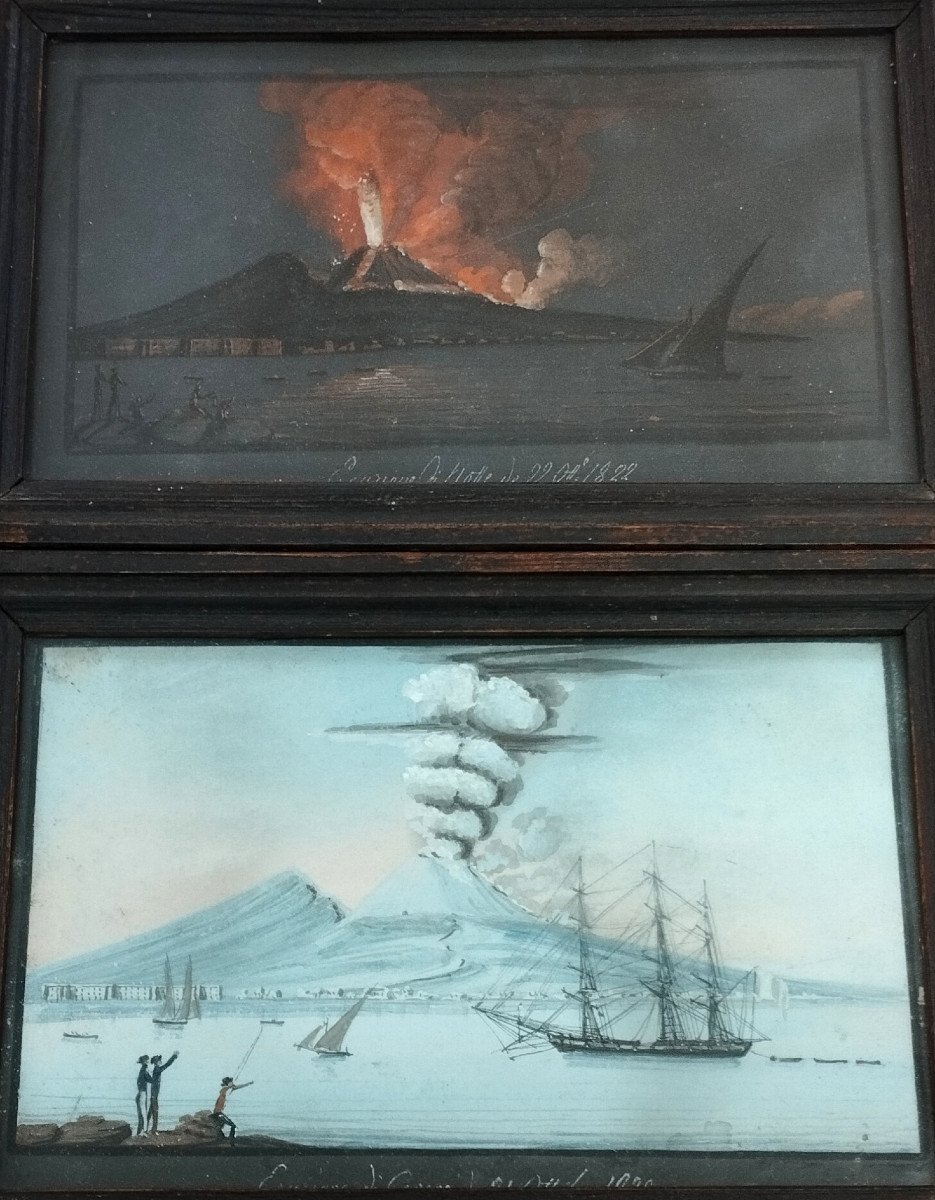 Pair Of Neapolitan Gouaches Eruption Of Vesuvius 1822