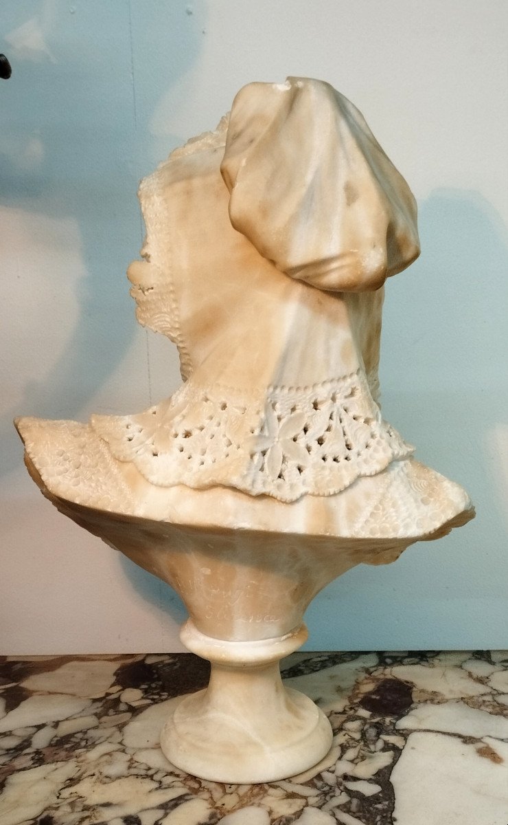 Pugi Guglielmo "woman With Lace" Bust In Alabaster Late 19th Century-photo-3