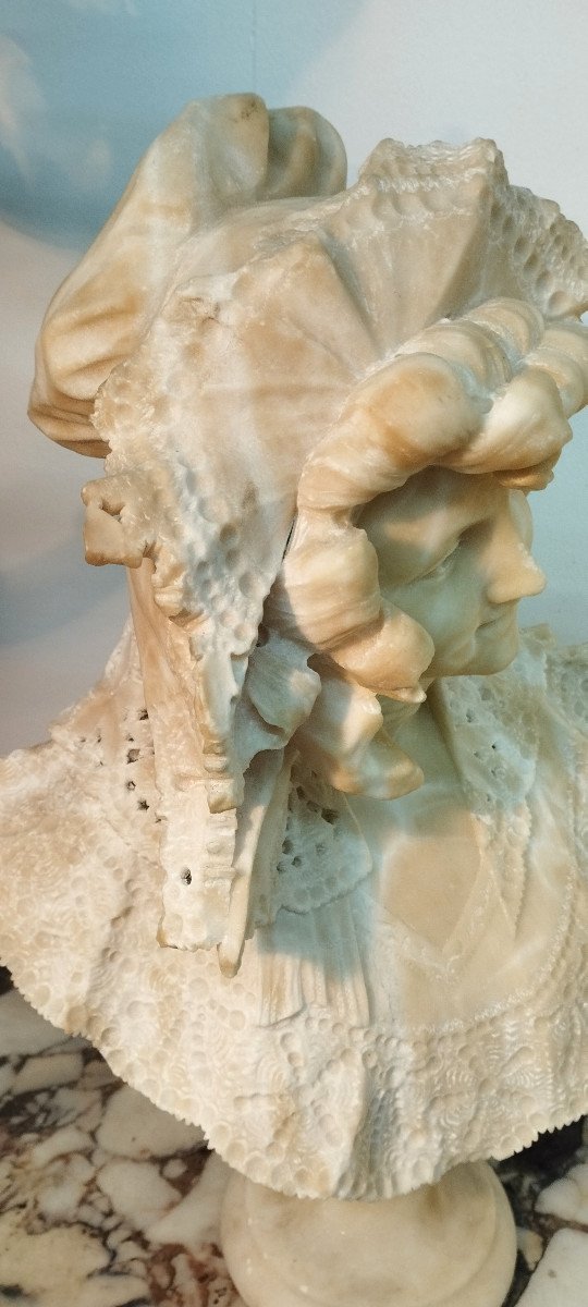 Pugi Guglielmo "woman With Lace" Bust In Alabaster Late 19th Century-photo-1