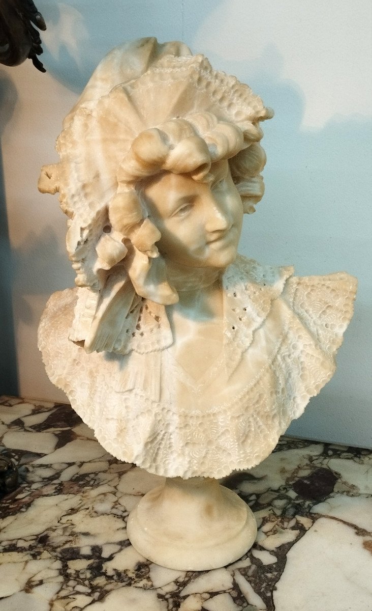 Pugi Guglielmo "woman With Lace" Bust In Alabaster Late 19th Century-photo-4