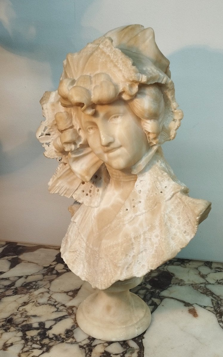 Pugi Guglielmo "woman With Lace" Bust In Alabaster Late 19th Century