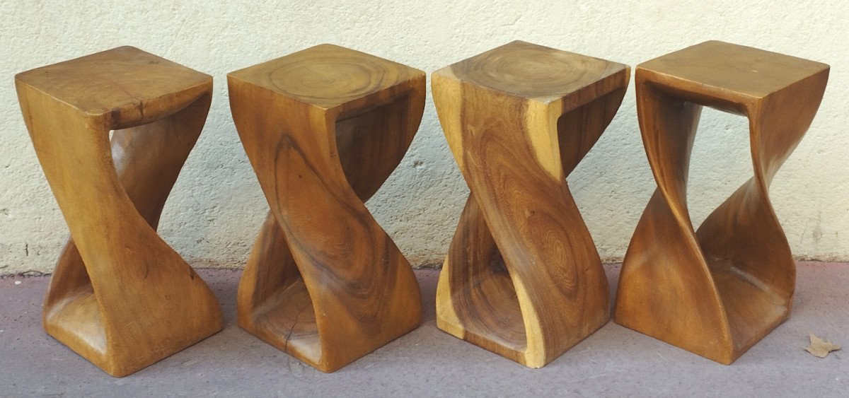 4 Tabourets en Bois massif torsadé et ajouré , originaires du Maroc XX-photo-2