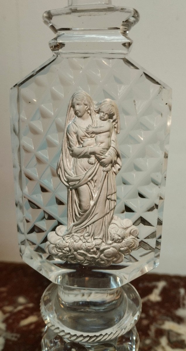 "virgin And Child" Oratory On A Stand In Cut Crystal And Crystal-ceramic 19th Century-photo-3