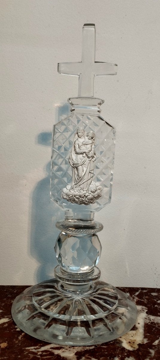 "virgin And Child" Oratory On A Stand In Cut Crystal And Crystal-ceramic 19th Century