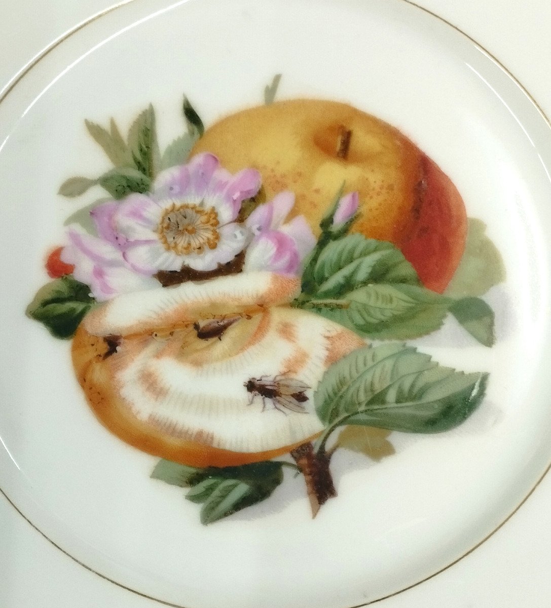 Painted Plate Decorated With Fruits And Insects, Paris Porcelain, Late 19th Century-photo-2