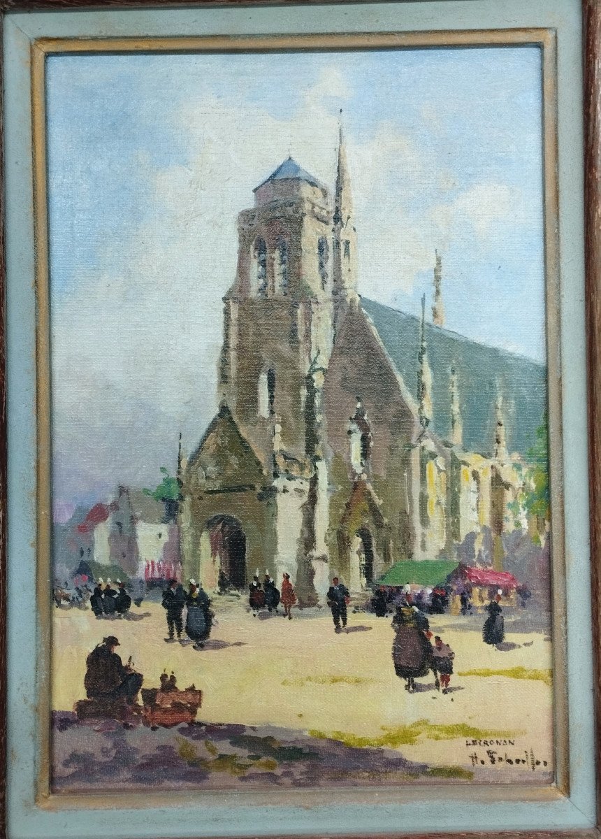 Henri Louis SCHAEFFER Locronan l' église Saint - Ronan Huile sur toile XX-photo-2