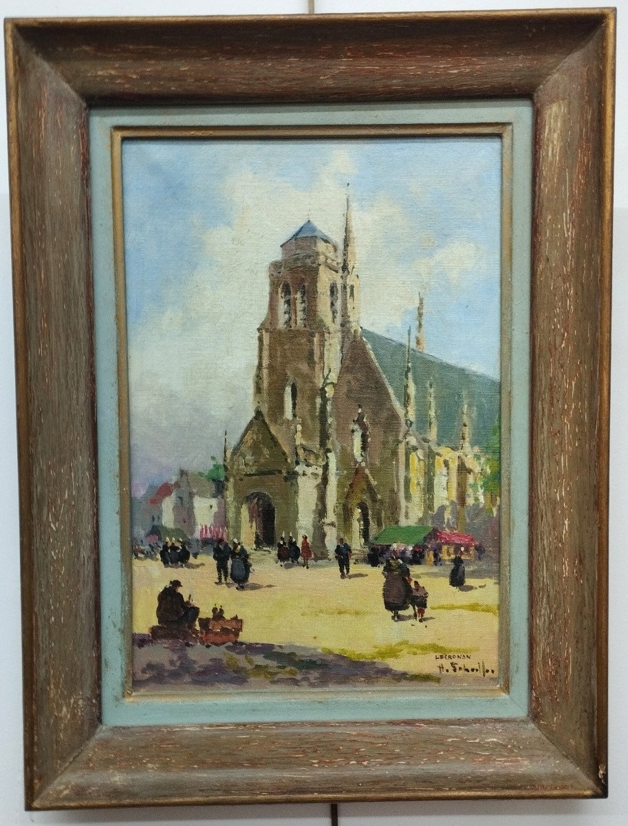 Henri Louis SCHAEFFER Locronan l' église Saint - Ronan Huile sur toile XX