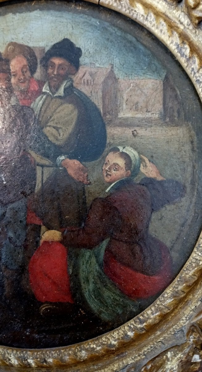 Flemish School "the Dentist Or The Juggler?" Oil On Wood 17th Century-photo-4