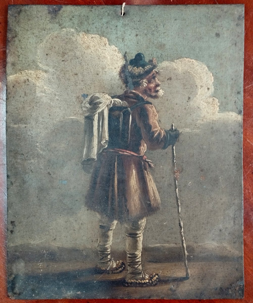 " Le Voyageur Colporteur " Huile sur plaque de Métal XIX