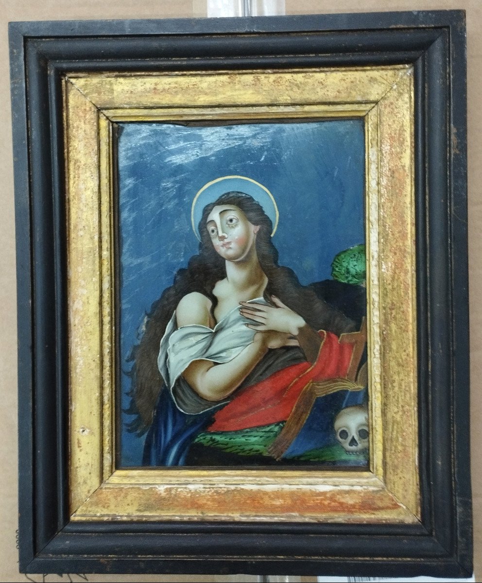 "Sainte " Peinture fixé sous verre  École Espagnole  XVIII siècle